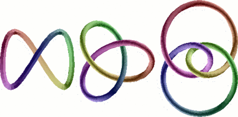 le nœud trivial (un cercle tordu), le nœud de trèfle et le nœud en huit