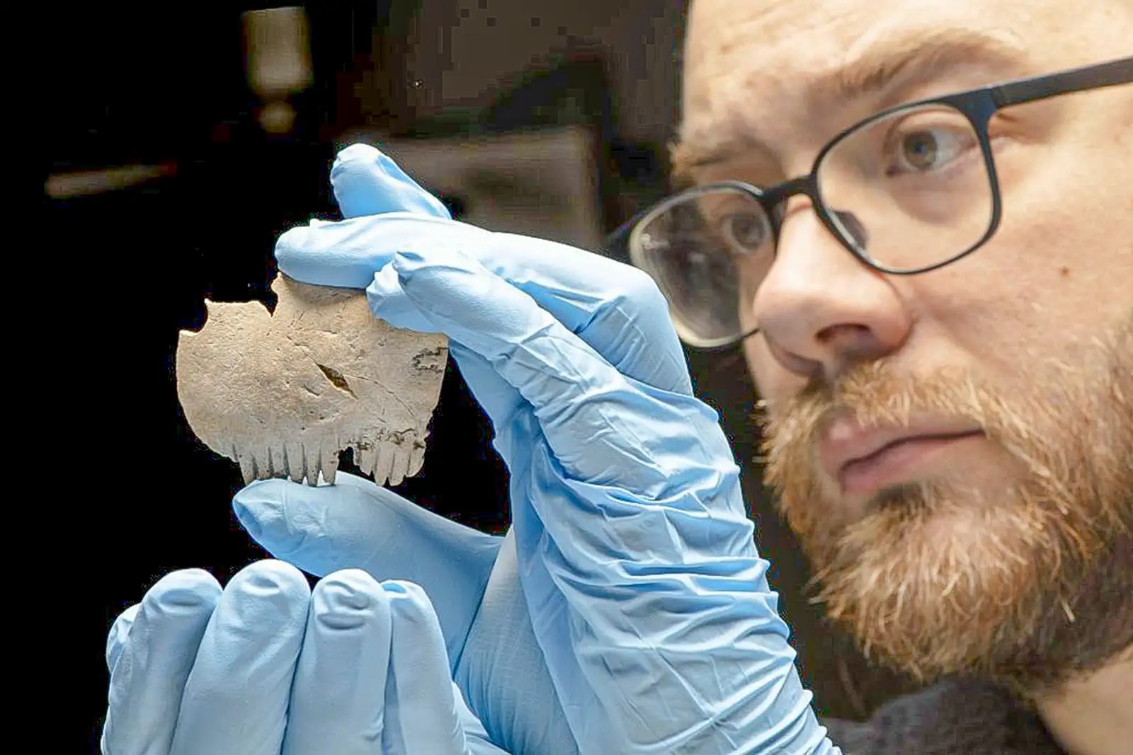 michael marshall examines the ba - Kamm aus Menschenknochen an Ausgrabungsstätte aus der Eisenzeit entdeckt