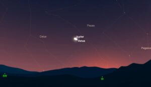 venus jupiter conjonction 2023 300x174 - Es ist nicht zu verpassen, wenn sich heute Abend die hellen Planeten Venus und Jupiter nähern.