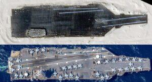 porteavion 300x163 - Satellitenbilder enthüllen ein lebensgroßes Modell eines US-Flugzeugträgers in der Wüste Chinas.