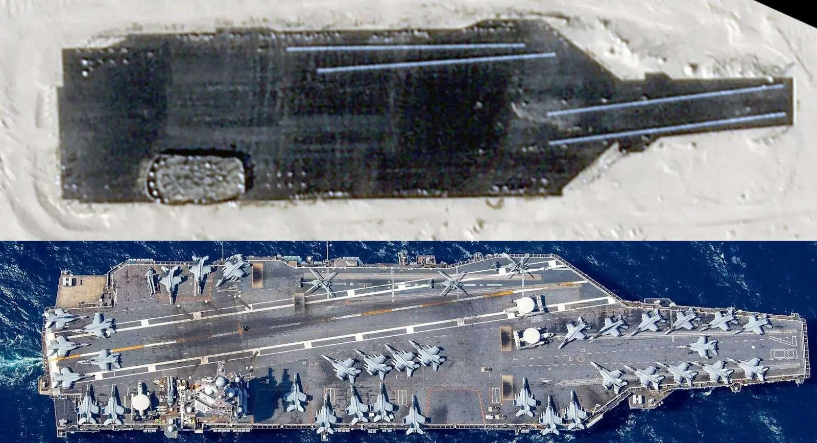 porteavion - Satellitenbilder enthüllen ein lebensgroßes Modell eines US-Flugzeugträgers in der Wüste Chinas.